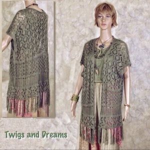 Fringe Open Long Knit Cardigan Green Hippie BoHo